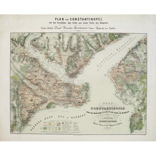 Old map image download for Plan de Constantinople avec ses faubourgs, le port et une partie du Bosphore..