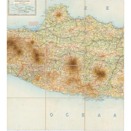 Old map image download for Overzichtskaart van Java en Madoera schaal 1:500.000. Met aanduiding van de politieke indeeling, de organisatie van het bestuur, de bestaande en nog aan te leggen verkeerswegen en van de groote cultuur- en industrieele centra. Samengesteld op last va