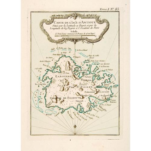 Old map image download for Carte de l'Isle d'Antigue Située par la Latitude 17 Degrés et par la Longitude de 64 Degrés à l'Occident de Paris