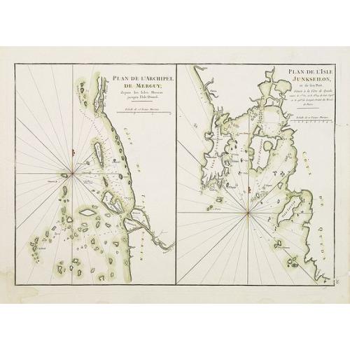 Old map image download for Plan de l'Archipel de Merguy, depuis les Isles Moscos jusqu'à l'Isle Domel. / Plan de l'Isle Junkseilon et de son Port. Situés à la côte de Queda... Plan de la Rivière de Surate.