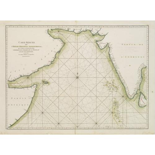 Old map image download for Carte réduite de l'Océan Oriental Septentrional qui contient une partie des Côtes d'Afrique, de l'Arabie, de la Perse et celles de l'Indostan.