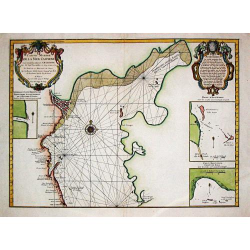 Old map image download for [Lot of 4 maps] First edition of Guillaume de l'Isle's chart depicting the northern part of the Caspian Sea,  Plus N. Bellin's map of the Caspian sea.