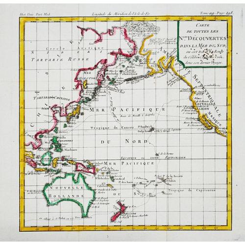 Old map image download for Carte de toutes les N.les Découvertes dans la Mer du Sud, ou est tracee la Route du Celebre Capitain Cook.