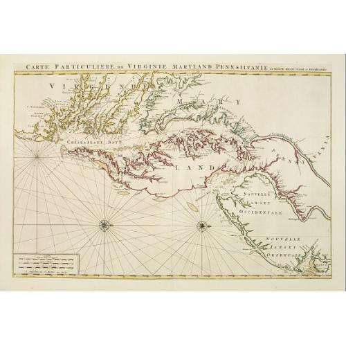 Old map image download for Carte Particuliere de Virginie, Maryland, Pennsilvanie, La Nouvelle Jarsey. Orient et Occidentale.