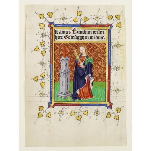 Old map image download for Miniature of St Barbara, on vellum from a neo-Gothic Book of Hours.