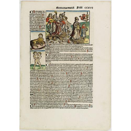 Old map image download for [Text page with male siamese twins, a man headed lion, and a bridge collapsing under a group of dancers at Maastricht, The Netherlands. ] Etas Mundi. Foliu. CCXVII