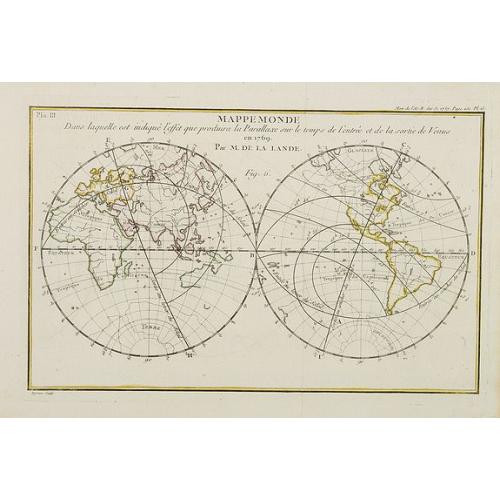 Old map image download for Mappemonde dans laquelle est indiqu\'e l\'effet que produira la parallaxe sur le temps de l\'entr\'ee et de la sortie de Venus en 1769 / par M. de la Lande.