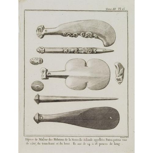 Old map image download for Espève de Massue des Habitants de la Nouvelle Zélande appellées Patous-patous vus de côté du tranchant et du bout. Ils ont de 14 à 18 ouces de long. [Tome III Pl. 15.]