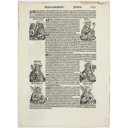 Old map image download for [Text page with Saint Appolonia, the patron saint of dentistry.] - Sexta Etas Mundi. Folium. CXX .