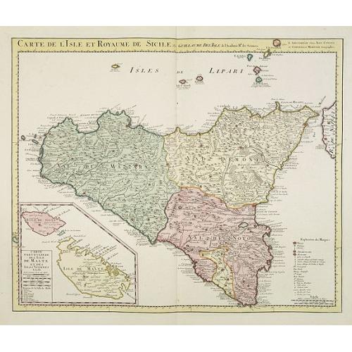 Old map image download for Carte de l'Isle et Royaume de Sicile Par Guillaume del 'Isle . . .