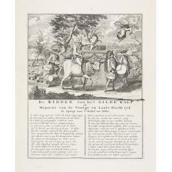 De Ridder van het Gilde Kalf of Hopman van de Vroege en Laate Slacht tyd in Optogt naar ' t Orakel van Delfos. [The chevalier of the Golden Calf, or captain of the early and late time of slaughtering, in procession to the Oracle of Delphos.]