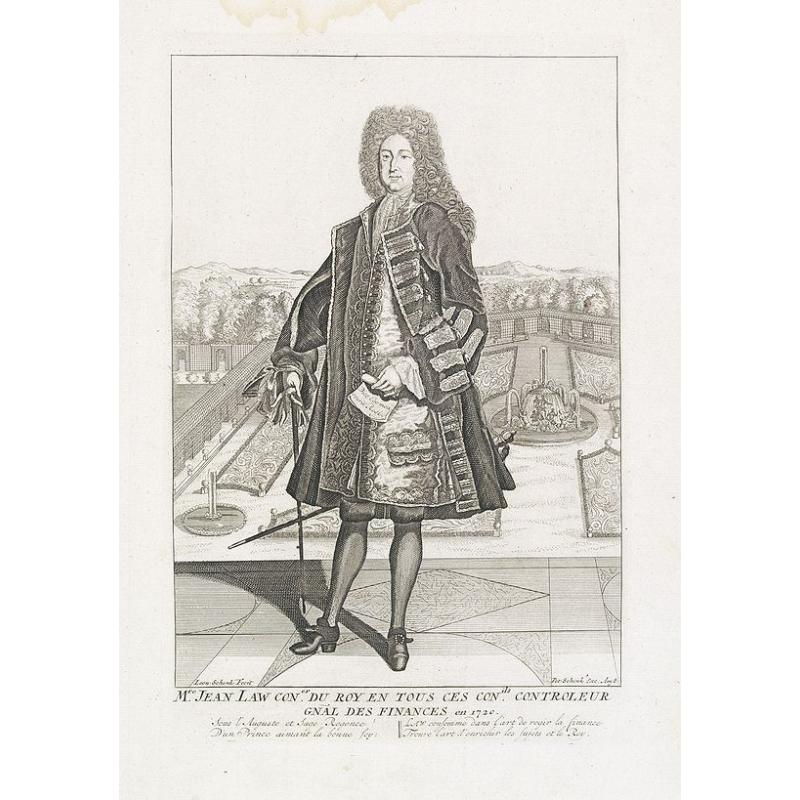 Mre. Jean Law coner. du roy en tous ces conils. controleur gnal des finances en 1720. [Mr. John Law, king's councilor in all affairs, controller-general of finances in 1720.]