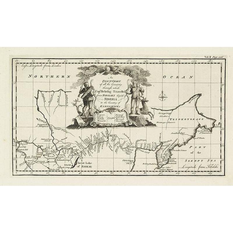 An exact chart of the countries through which Capt. Behring travelled from Tobolsky capital of Siberia ti the country of Kamtschatka.