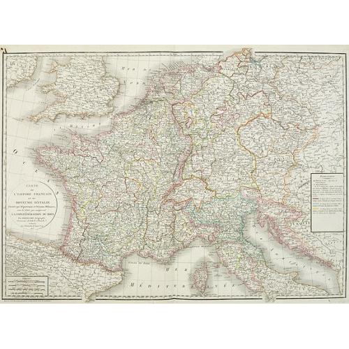 Old map image download for Carte de l'empire français et du royaume d'Italie Divisée par departemens et divisions militaires, avec les etats qui composent la Confédération du Rin. . .