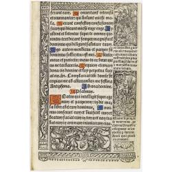 Leaf on vellum from a printed Book of Hours, with the cycle of the dance of deaths.