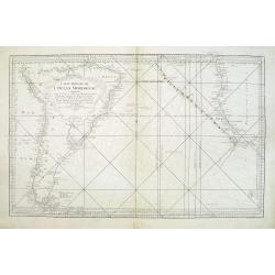 Carte réduite de l'Océan Méridional: contenant toutes les costes de l'Amérique Méridionale depuis l'Euqater jusqu' au 57 degré de latitude et les costes. . .