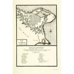 Le plan de Louisbourg dans l'Isle Royale au Canada : Les Anglais tentoient sans succe`s de l'emparer de cette forteresse le 7 Septembre 1757, le 26 Juillet en 1758 elle se rend aux Anglais.