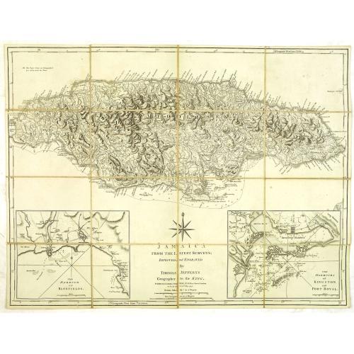 Old map image download for Jamaica from the latest surveys, improved and engraved by Thomas Jefferys. . .