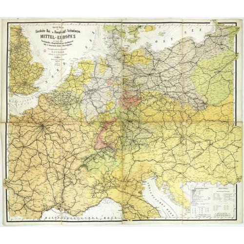 Old map image download for Special-Karte der Eisenbahn- Post- u. Dampfschiff-Verbindungen Mittel-Europa's - mit Angabe aller Eisenbahn-, Post- u. Dampfschiffstationen, Speditionsorte, Zoll- u. Steuerämter, Bäder, Mineralquellen