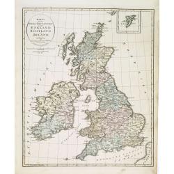 Karta öfver Stora Britannien eller England, Scotland och Irland.