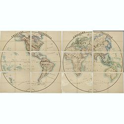 [RARE huge world wall map in double hemisphere.]