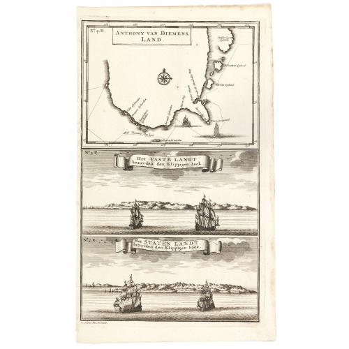 Old map image download for Anthony van Diemens Land / Het vaste Landt bezuyden den Klippigen hoek. / Het Staten Landt bezuyden den Klippigen hoek.