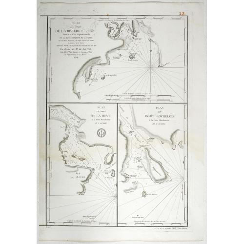 Old map image download for Plan du Port De La Riviere St. Jean Situe a la Cote Septentrionale De La Baie Francoise de L'Acadie. . . [with] Plan du port e la Heve . . . and Plan du port Rochelois. . .