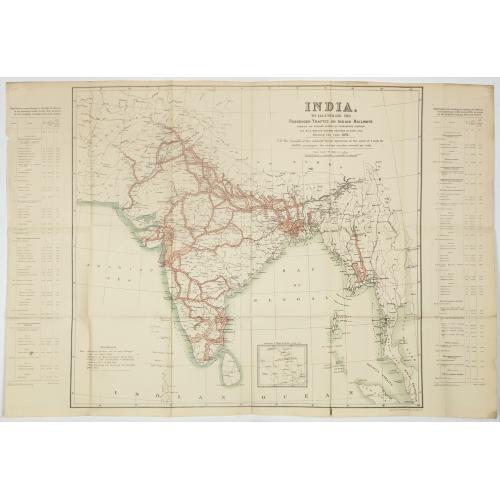 Old map image download for India. To illustrate the passengers traffic on India railways, showing the average number of passengers carried per mile over the various sections of each line, during the year 1891 . . .