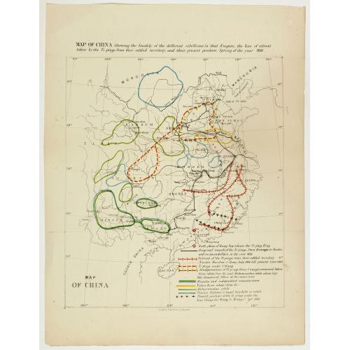 Old map image download for Map of China showing the locality of the different rebellions in that Empire, the line of retreat taken by the Ti-pings from their settled territory, and their present position Spring of the year 1866.