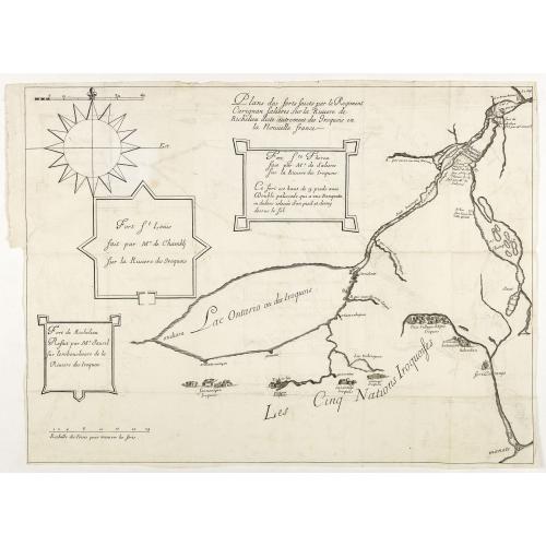 Old map image download for Plans des forts faicts par le régiment Carignan Salières sur la rivière de Richelieu dicte autrement des Iroquois en la Nouvelle France.