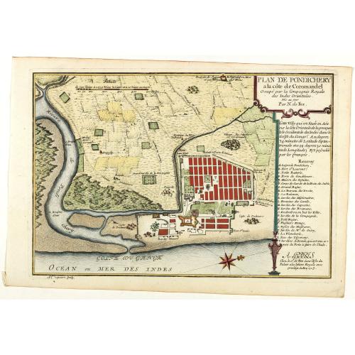 Old map image download for Plan de Pondichery la côte of Coromandel occupé par la Compagnie Royale des Indes cartographic Orientales..