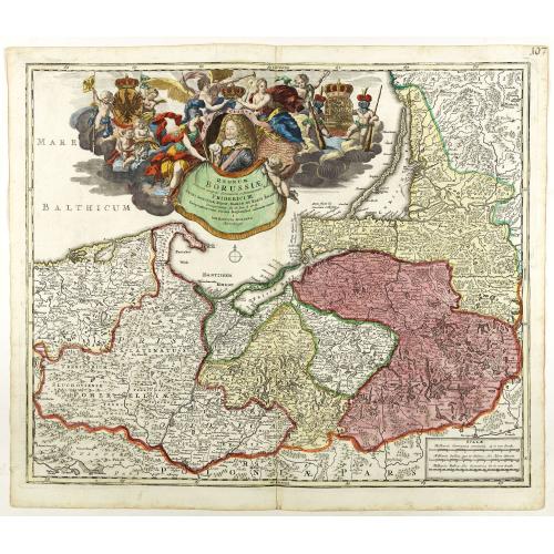 Old map image download for Regnum Borussiae gloriosis auspiciis serenissimi et potentissimi princip. Friderici III primi Borussiae regis march. et elect. Brandenburg inauguratum die 18 Jan...1701.