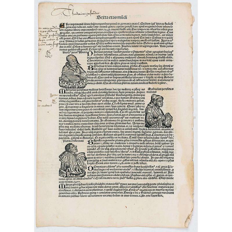 [Text page with portrait of Matheolus Perusinus, Kings and Roman personalities. - Sexta Etas Mundi CCLII].