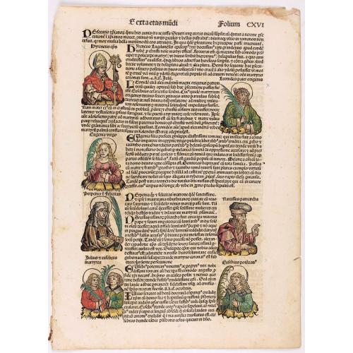 Old map image download for [Text page with illustrations of Saint Cecilia, Kings, Queens, Saints and Popes.] Sexta Etas Mundi. Folium. CXVI.