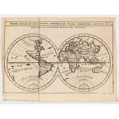 Old map image download for Mappe monde ou description generale du globe terrestre suivant Mr.de Lisle de l'academie Royale des sciences.