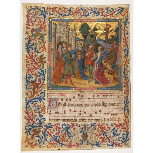 Old map image download for Vellum leaf with a large miniature showing saint surrounded by noble women in typical medieval dresses.