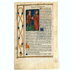 Leaf on vellum from a printed Book of Hours with miniatures of the saints Apollonia and Barbara.