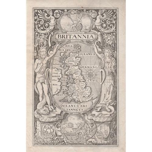 Old map image download for 'Britannia' Frontispiece - William Camden. 