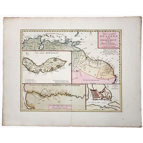 Old map image download for Kaart van geheel GUAJANA of de WILDEN-KUST, en die der Spaansche Westindien [and] Het Eiland KURASSAU. [and] KAART van de Volkplanting aan DEMERARY en RIO D'ESSEQUEBO.