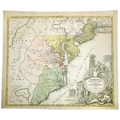 Old map image download for VIRGINIA MARYLANDIA et CAROLINA in America Septentrionali.