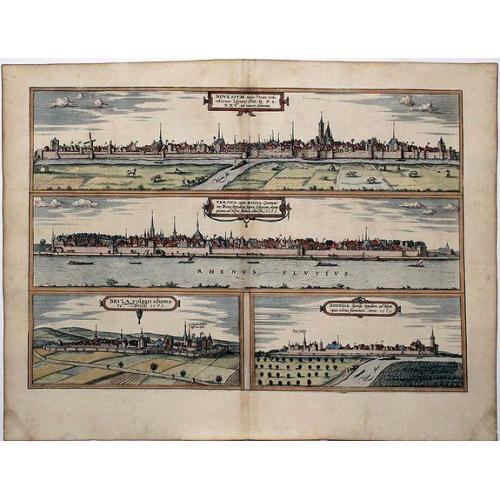 Old map image download for NOVESIUM vulgo Neus. . .[on sheet with:] VERONA, nunc Bonna,. . .[and] BVRULA, vulgari idiomate Broell; 1575. [and] SONTINA, Zunss Oppidum ad Rheni ripas. . . 