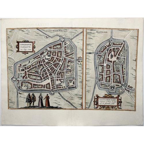 Old map image download for Lewardum. Occidentalis Frisiae Opp: 1580. [on sheet with:] Franicher, Nobiliu hominum, in Frisia Occidentali, ut plurimum saedes.[Leeuwarden&Franeker]