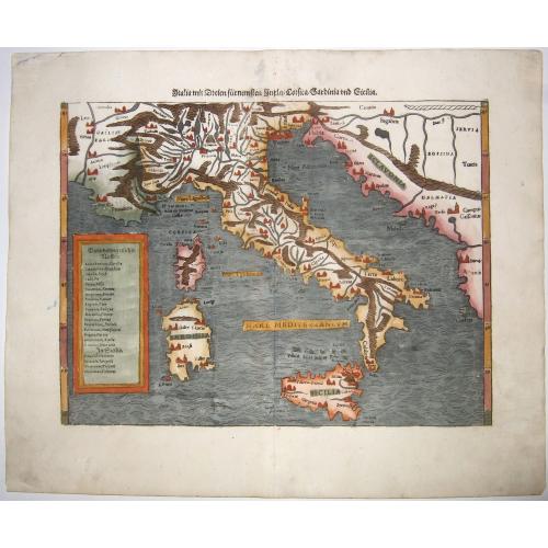 Old map image download for Italia mit Dreien Fuernemsten Inseln, Corsica, Sardinia, Sicilia.