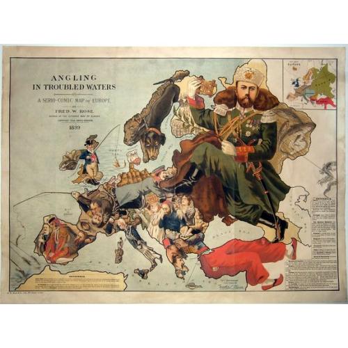 Old map image download for Angling in Troubled Waters A Serio-Comic Map of Europe by Fred. W. Rose Author of the 'Octopus Map of Europe' 1899.