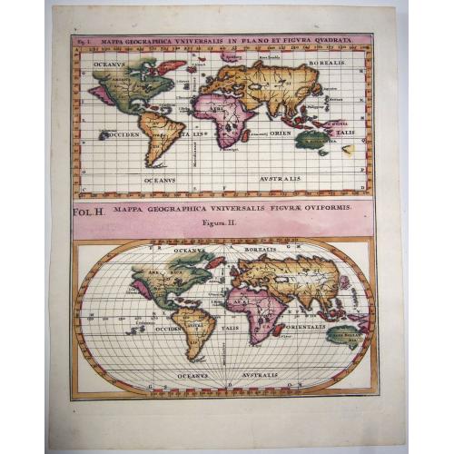 Old map image download for Two World maps on one sheet, MAPPA GEOGRAPHICA UNIVERSALIS IN PLANO ET FIGURA QUADRATA & FIGURAE OVIFORMIS. 