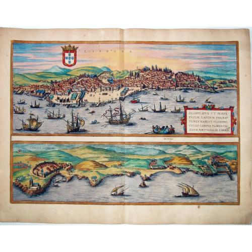 Old map image download for Lisbona. Olisipo ... vulgo Lisbona Florentissimum Portugalliae Emporiv. [on sheet with] Cascale Lusitaniae Opp..[LISBOA & CASCAIS].