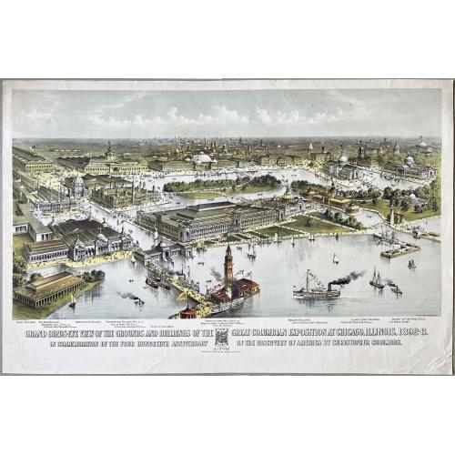 Old map image download for Grand Birds-Eye View of the Grounds and Buildings of the Great Columbian Exposition at Chicago, Illinois, 1892-3.