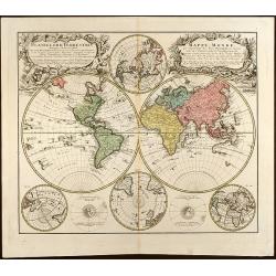 Planiglobii Terrestris Mappa Universalis Utrumq Hemisphaerium Orient et Occidentale repraesentans, Erx IV mappis generalibus Hasianis composita et adjectis ceteris hemisphaeriis designata a G.M. Lowizio. Excudentibus Homann Heredibus