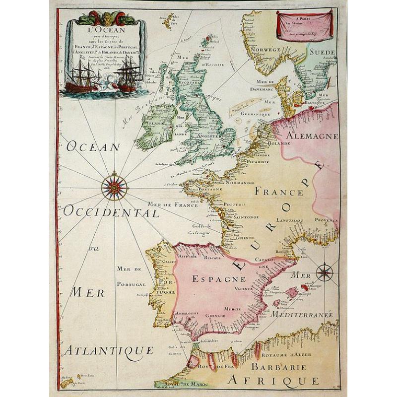 L'Ocean Pres D'Europe Avec Les Costes De France, d'Espagne, de Portugal, d'Angleterre, de Holande, De Danemarc Etc. Suivant Les Costes Marines Les Plus Nouvelles. Par. P. Du Val, Geogr.du Roy. 1666.