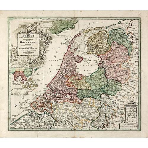 Old map image download for Belgii Pars Septentrionalis Communi Nomine vulgo Hollandia ... / Batavorum Coloniae Occidential Indiis Septentrionalis Americae implantate / India Orientalis Batavorum Commerciis, Potentia & Coloniis celeberrima. / Batavia / Niew Amsterdam.